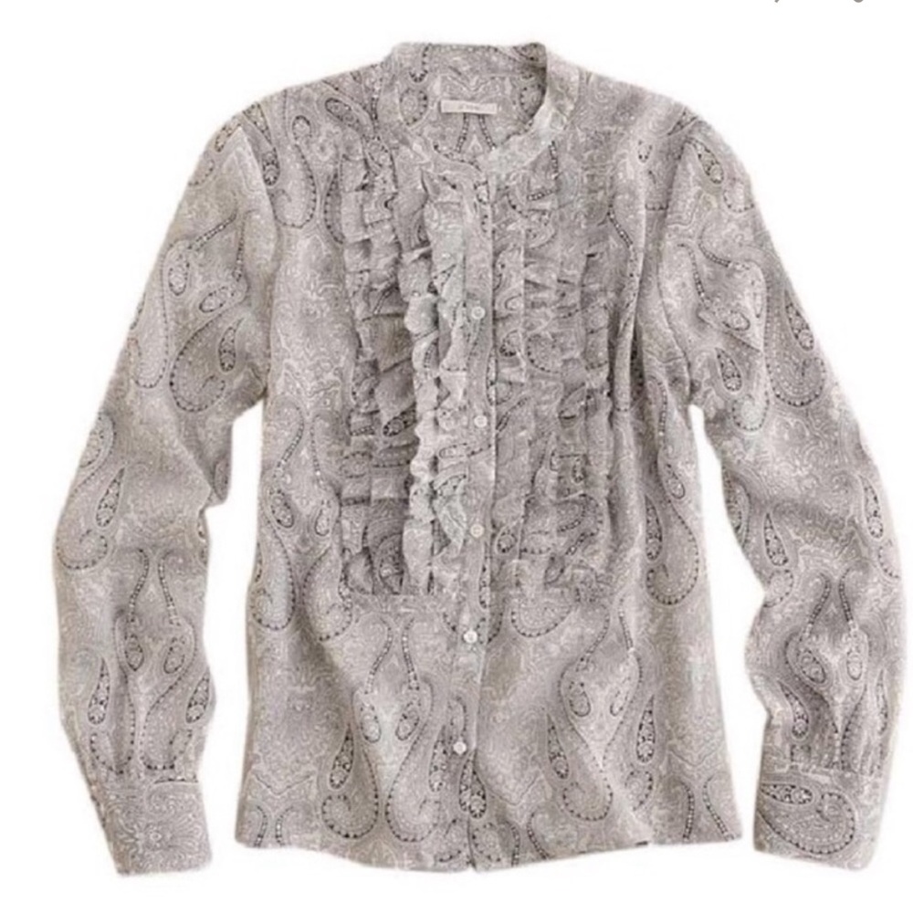 J CREW Silk Paisley Flouncette Blouse Neutral Long Sleeve Ruffle Button Up Sz 10